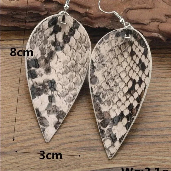 Snakeskin Leather Drop Earrings — Boho Statement Animal Print Jewelry - Picture 3 of 5